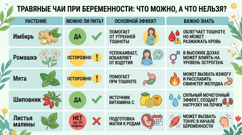 какие травяные чаи можно при беременности список и таблица