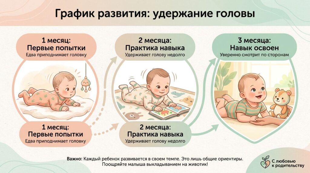когда ребенок начинает держать голову самостоятельно выкладывание на живот в 2 месяца